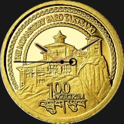 Gold, Bhutan, 100 Ngultrum, Taktsang Monastery, 2010  