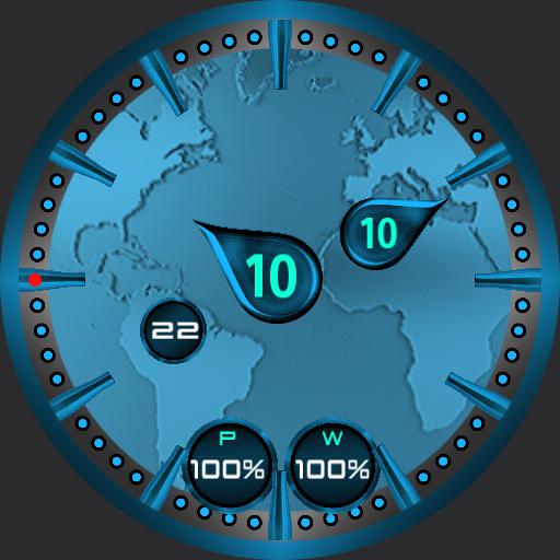 Worldly. Single fun face. Floating hands showing analogue and digital time. 